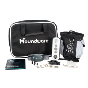 Houndware HW777 Combo Whistle & Treat Bag, featuring a black treat bag with multiple compartments and an attached training whistle