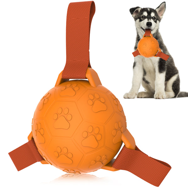 Durable Natural Rubber Interactive Dog Soccer Ball Toy with Short Straps (Orange)