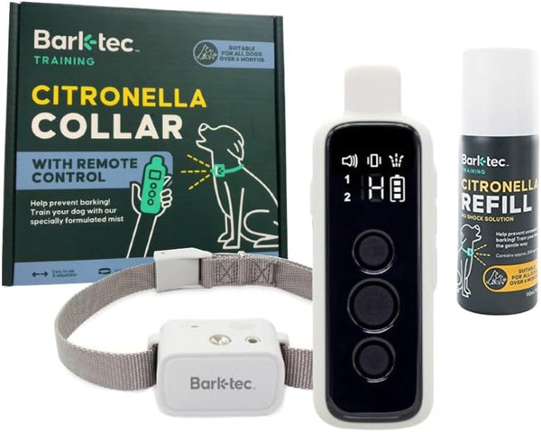 Barktec Citronella Spray Collar with Remote, designed for humane bark control with a black collar and remote contro