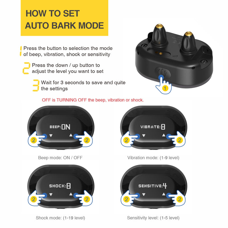 Automatic Mini Smart Anti-Bark Collar with step-by-step setup for auto bark mode