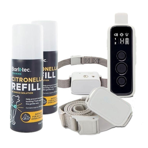 Ultimate Citronella Spray Collar and Training Collar Bundle featuring two collars, a remote control, and citronella spray for comprehensive dog training and bark control