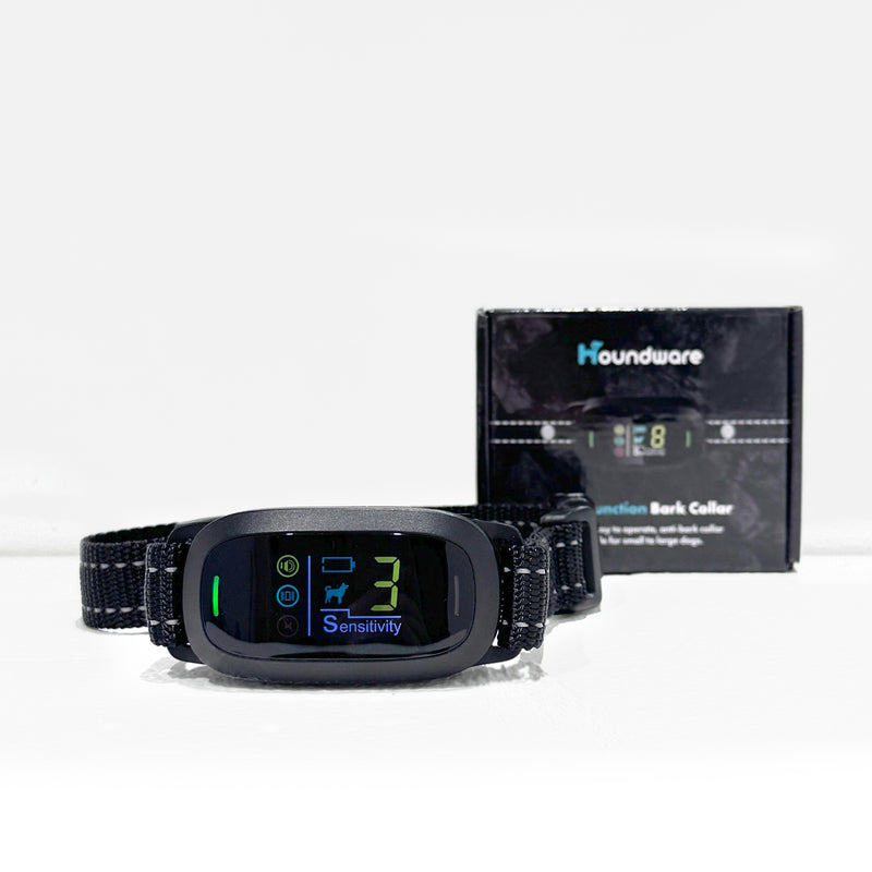 Packaging of the Houndware Multi-Functional Anti-Bark Collar, highlighting product features and benefits for effective bark management