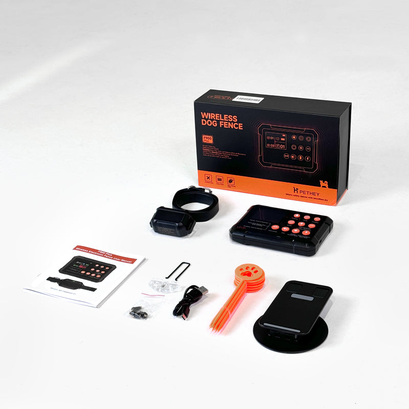 Components of the Houndware 3-in-1 Training Kit, including collar, remote, transmitter, charger, and user guide.