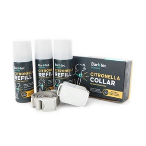 Rechargeable Sound & Citronella Spray Collar Ultimate Kit featuring a citronella spray collar, USB charger, remote control, and spray refill for effective bark control.