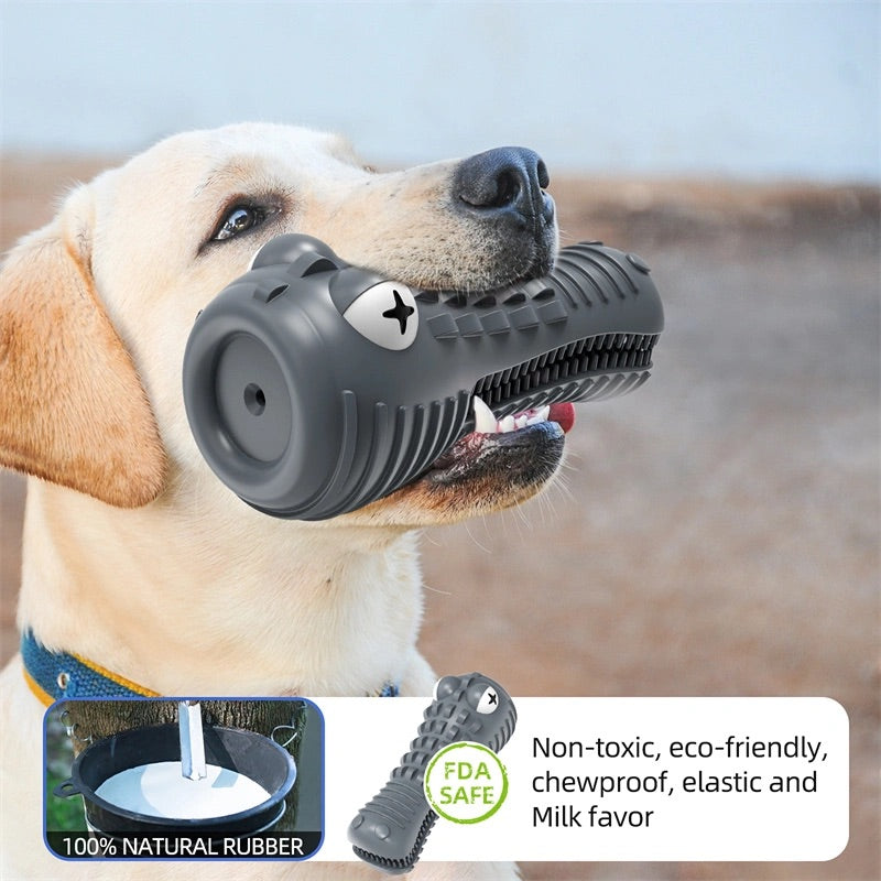 Dog chewing on the Crocodile Dog Chew Toy outside - Provides interactive playtime and helps promote healthy teeth