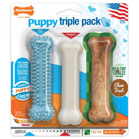 Nylabone Puppy Triple Pack Blue 47g - Chew Toys &amp; Treats for Healthy Habits